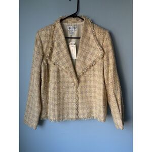 Vintage Carlucci Tweed Boucle Blazer Jacket Tan Cream Fringe Med Office Wear NWT